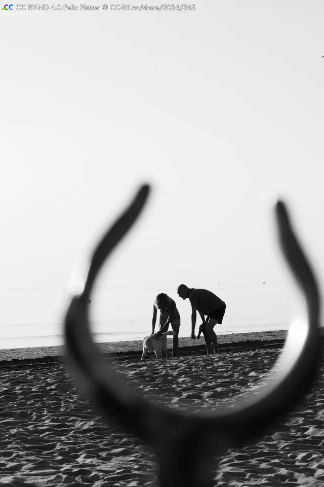 Paar mit Hund am Strand, durch einen runden Rahmen betrachtet, in Schwarz-Weiß.